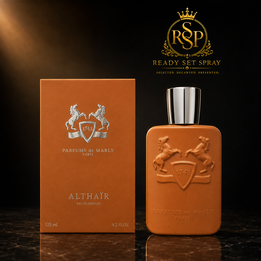 Ready Set Spray artwork featuring Parfums de Marly Althair fragrance.