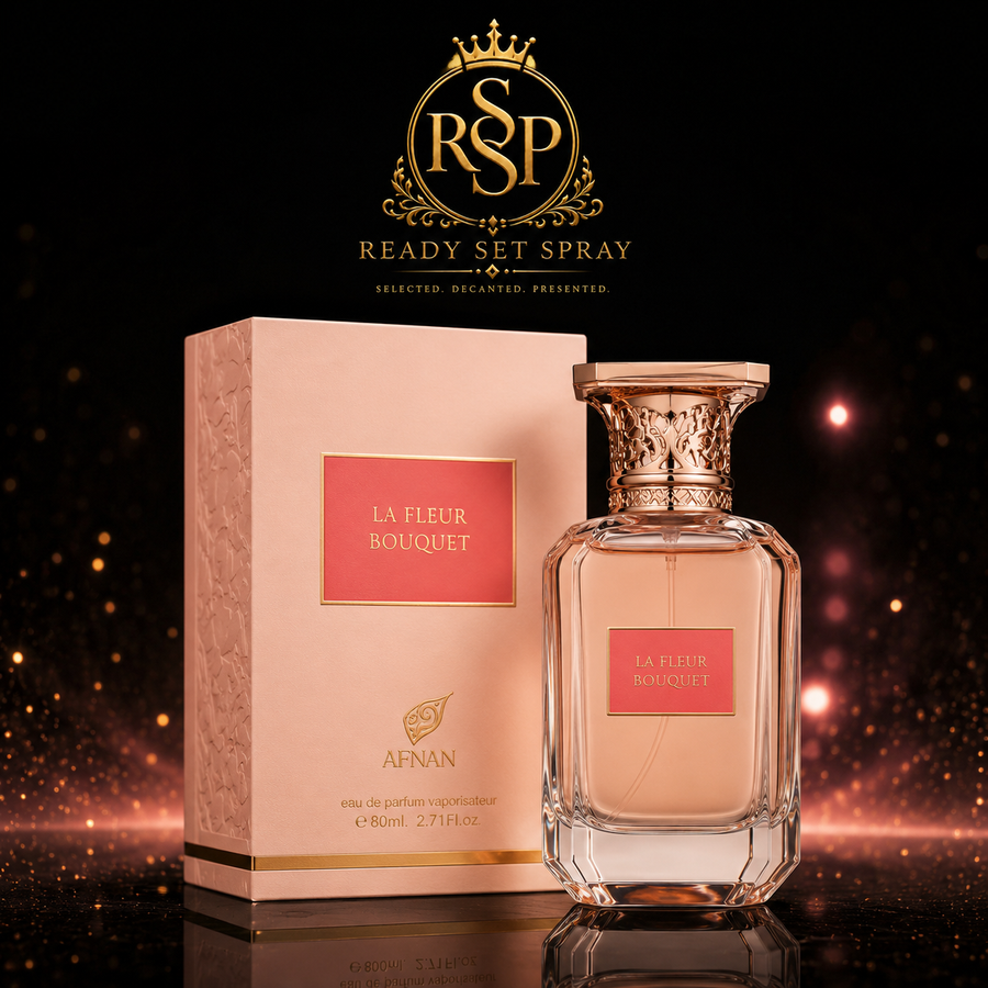 Ready Set Spray artwork featuring Afnan La Fleur Bouquet fragrance.