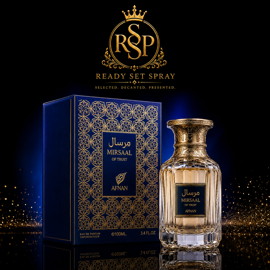 Ready Set Spray artwork featuring Afnan Mirsaal of Trust fragrance.
