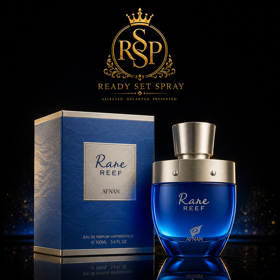 Ready Set Spray artwork featuring Afnan Rare Reef fragrance.