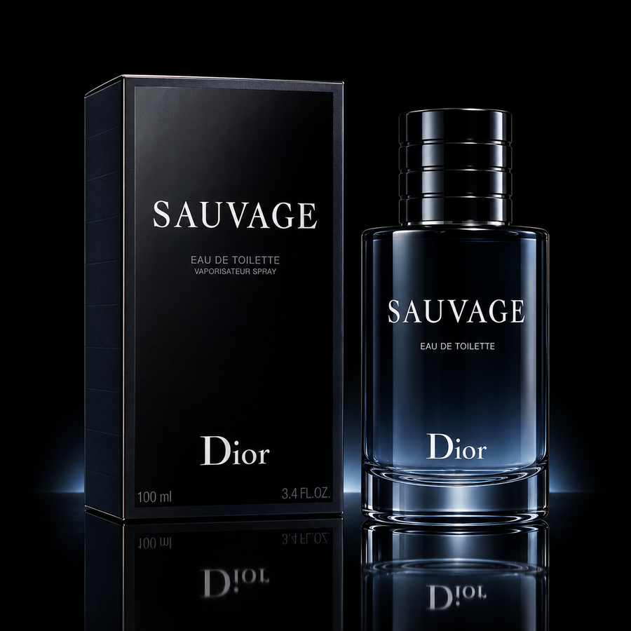 Dior Sauvage box and bottle on black background