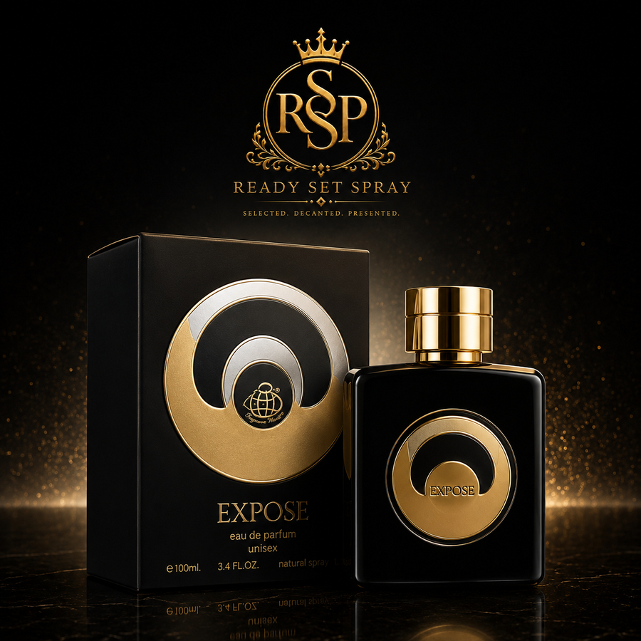Ready Set Spray artwork featuring Fragrance World Expose Unisexe fragrance.