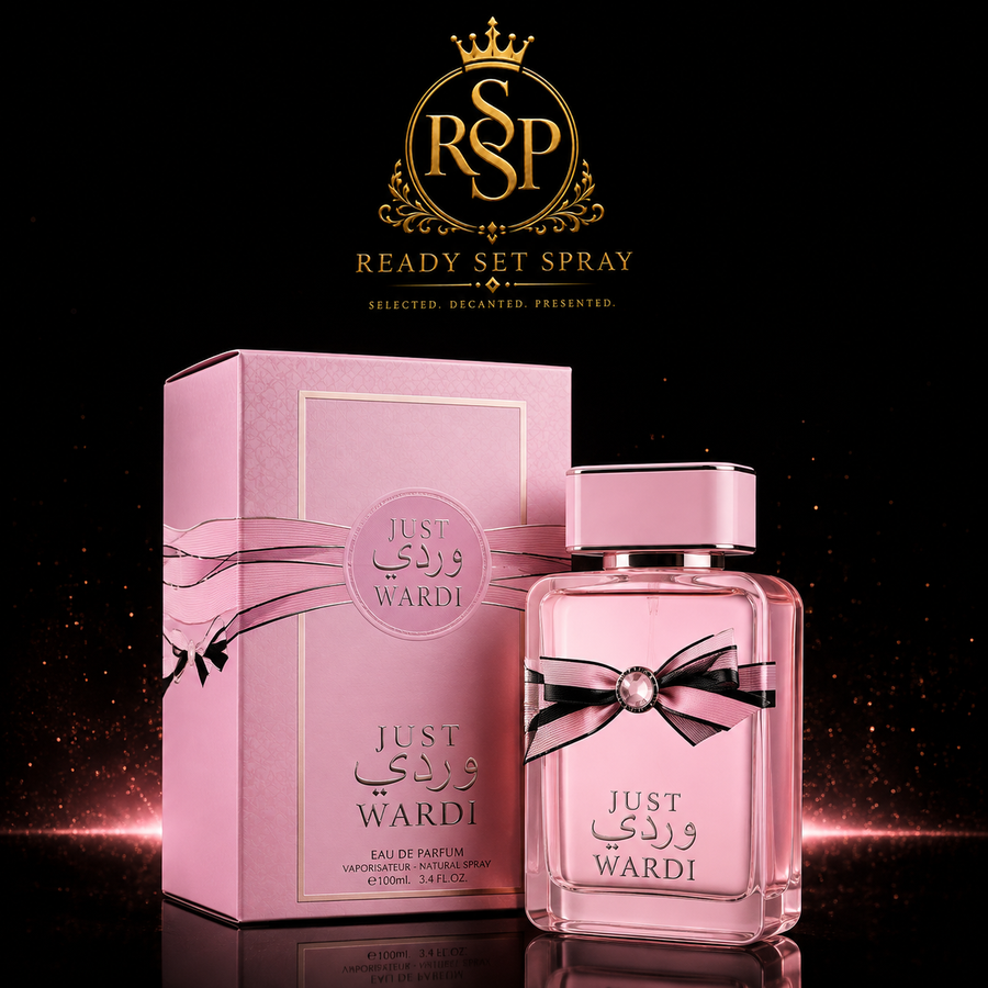 Ready Set Spray artwork featuring Fragrance World Just Wardi fragrance.