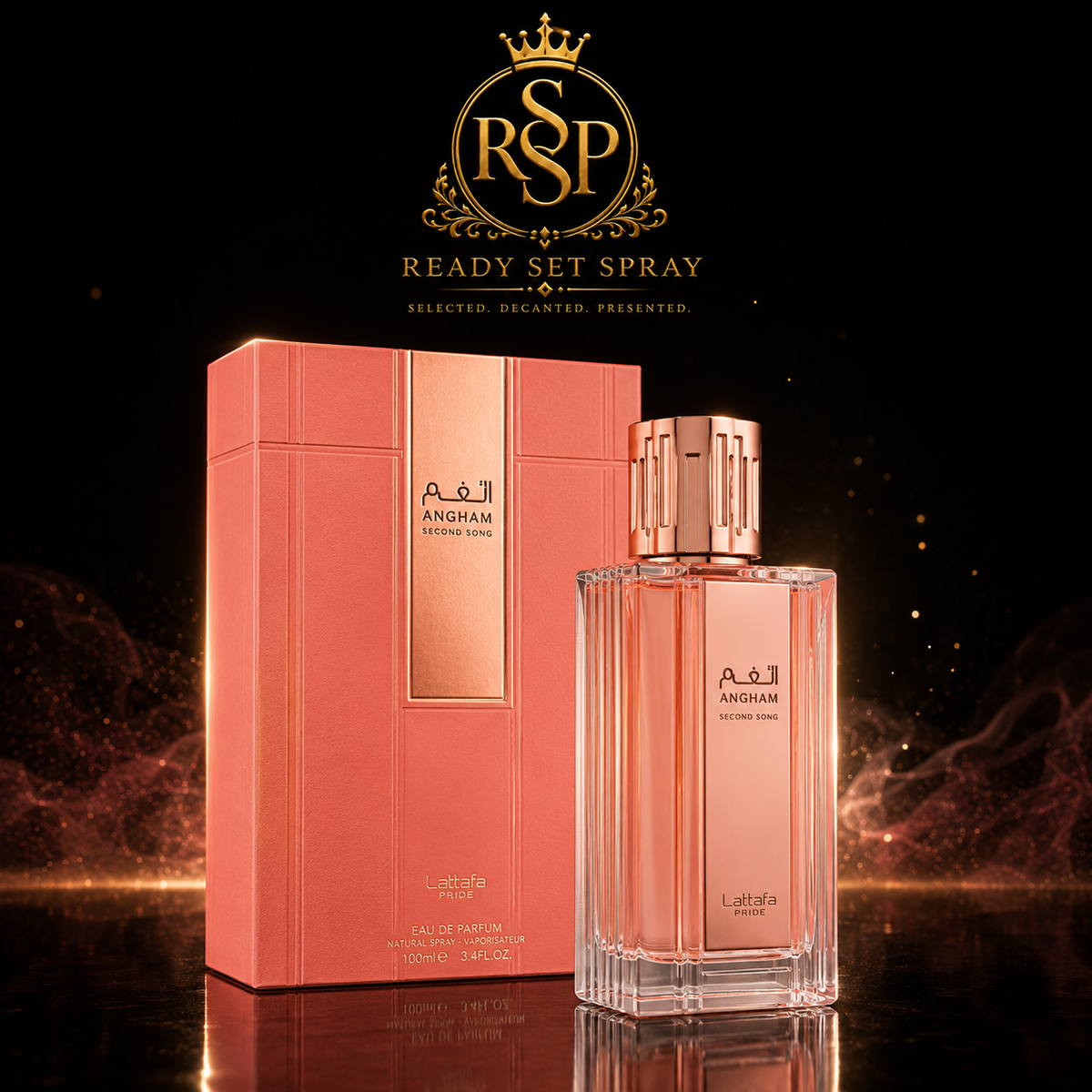 Ready Set Spray artwork featuring Lattafa Angham Second Song fragrance.