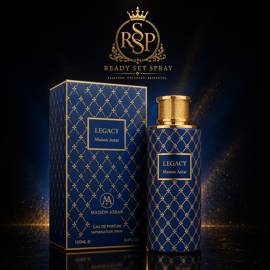 Ready Set Spray artwork featuring Maison Asrar Legacy fragrance.
