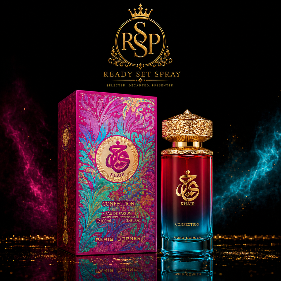 Ready Set Spray artwork featuring Paris Corner Khair Confection fragrance.