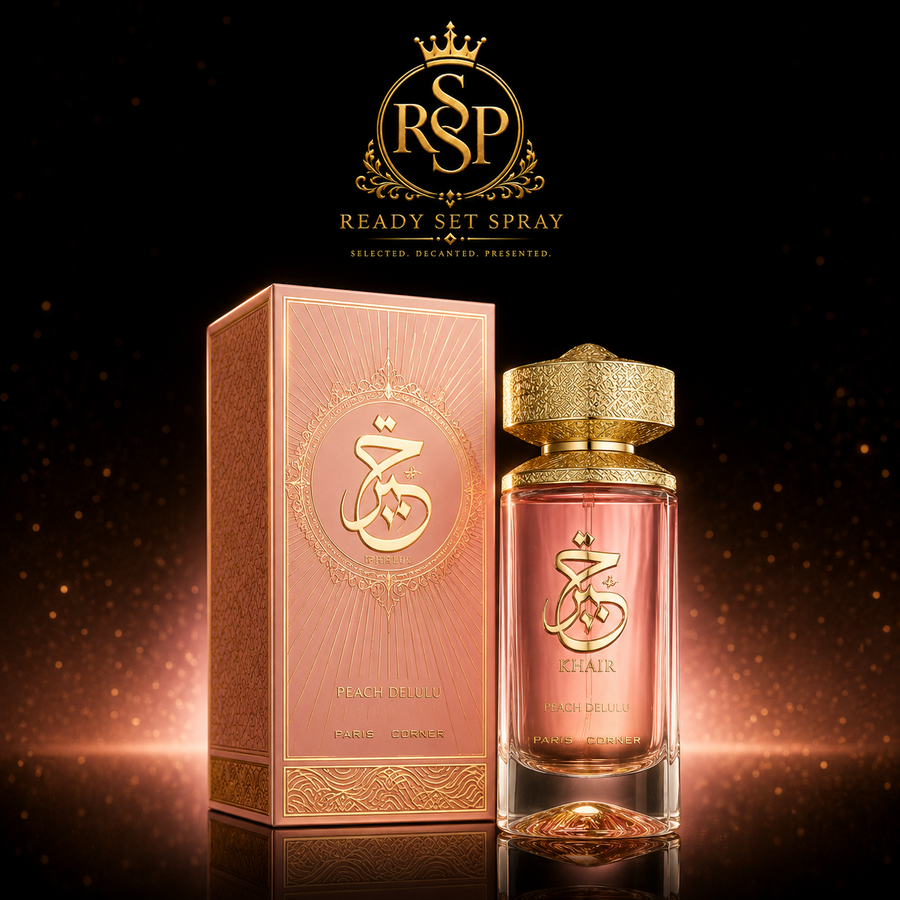 Ready Set Spray artwork featuring Paris Corner Khair Peach Delulu fragrance.