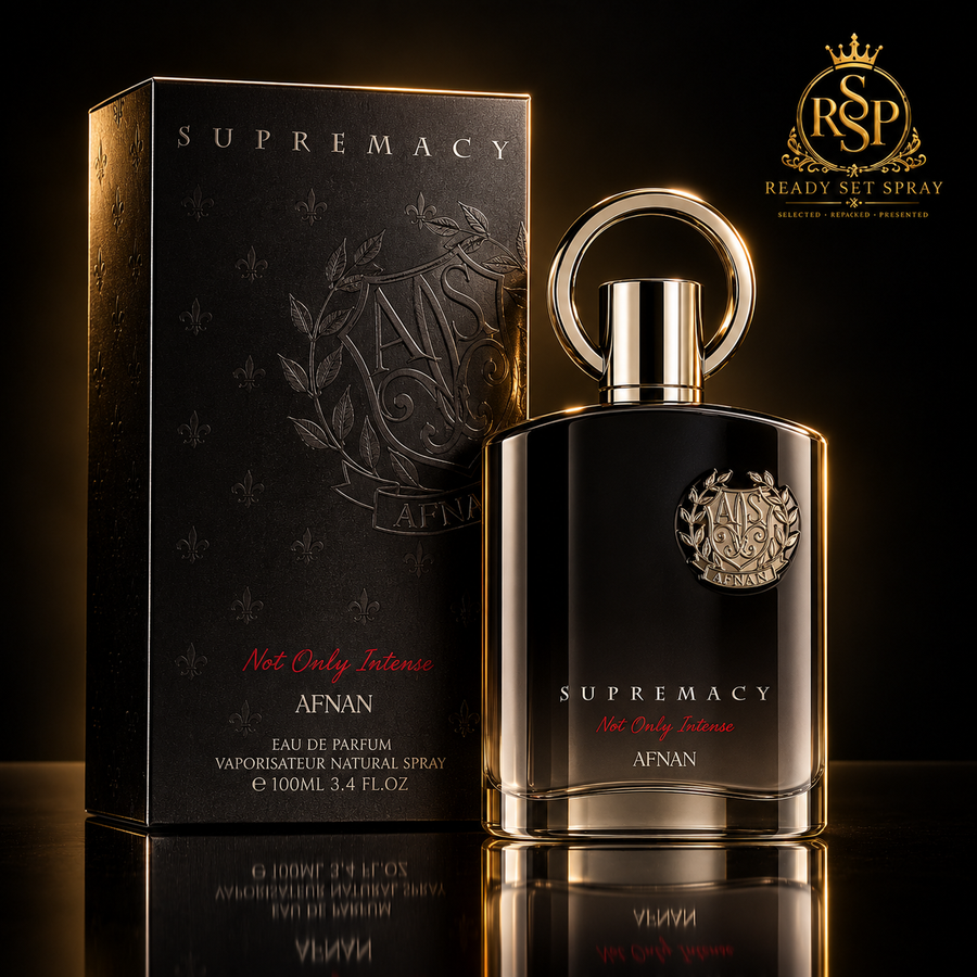 Afnan Supremacy Not Only Intense bottle and box on black RSP background