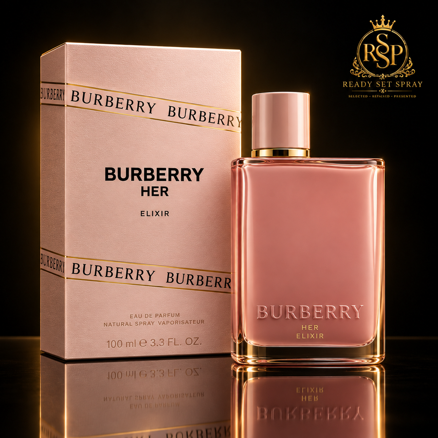 Burberry Her Elixir bottle and box on black RSP background