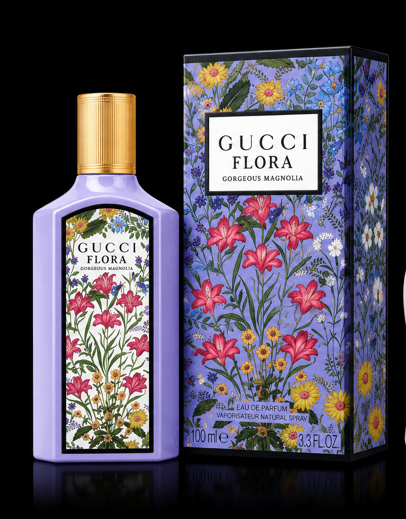 Gucci Flora Gorgeous Magnolia Eau de Parfum bottle and box on black background