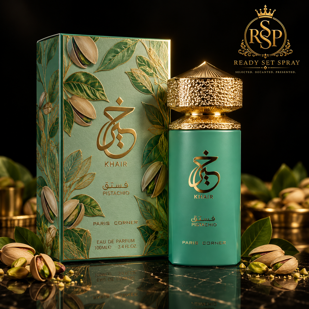 Paris Corner Khair Pistachio bottle and original box on black luxury Ready Set Spray background