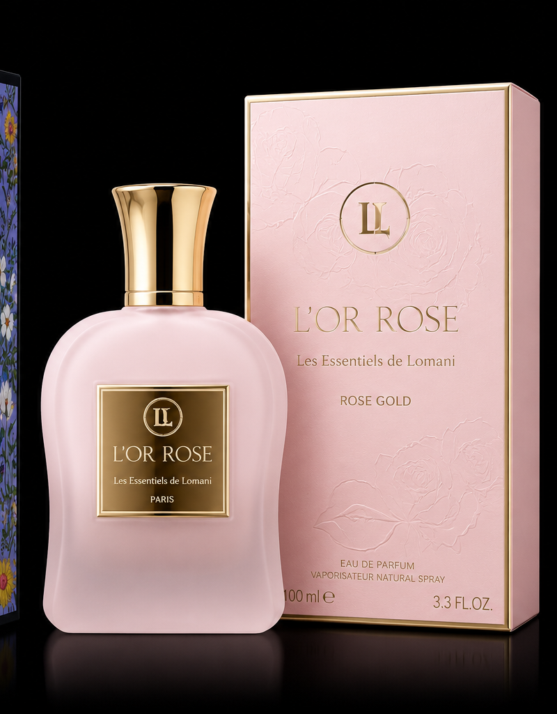 Les Essentiels de Lomani L'Or Rose Gold Eau de Parfum bottle and box on black background