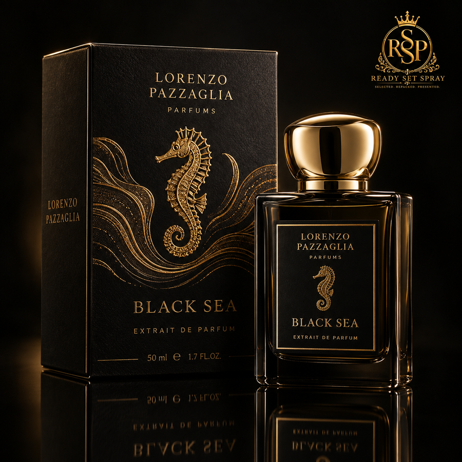 Lorenzo Pazzaglia Black Sea bottle and box on black RSP background