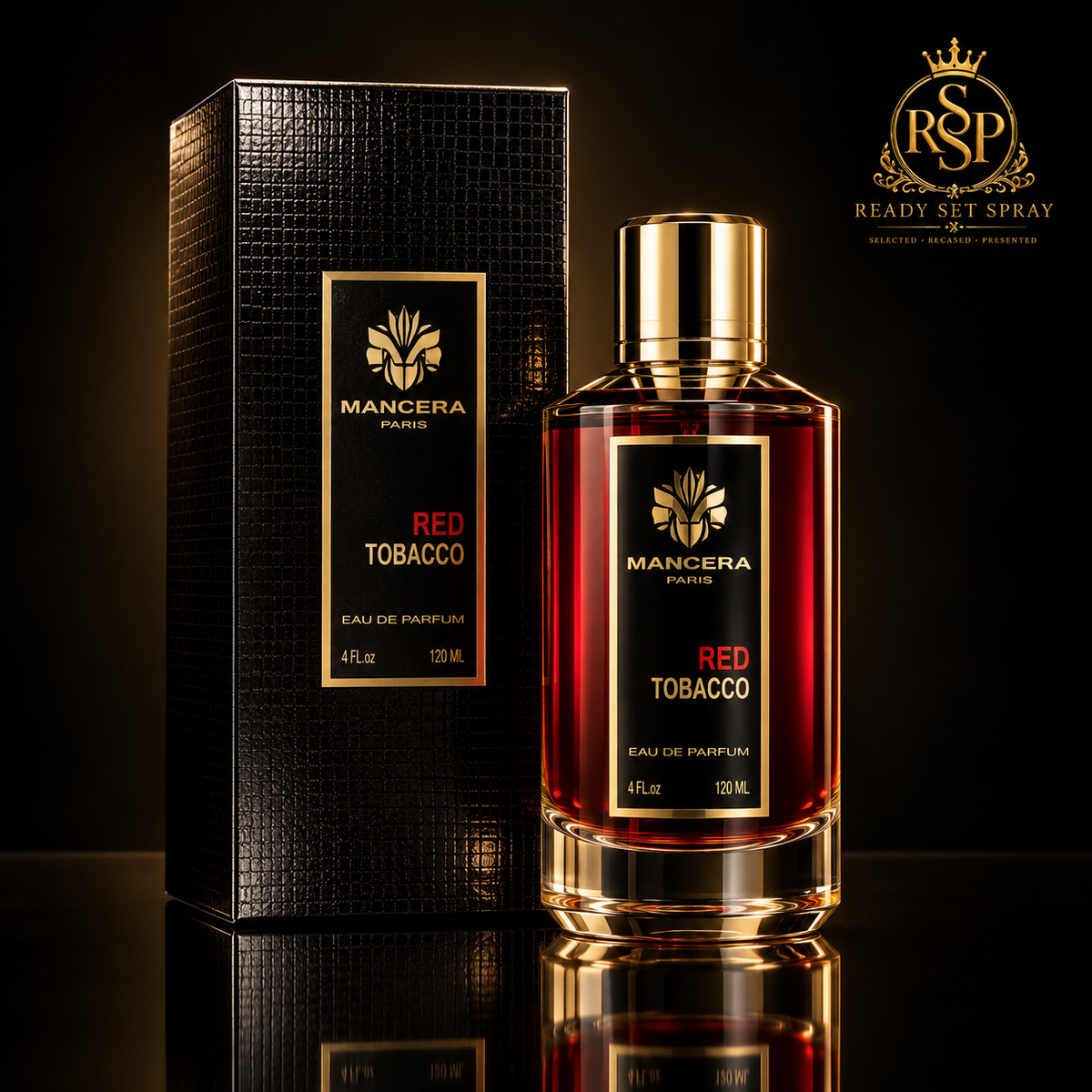 Mancera Red Tobacco bottle and box on black RSP background