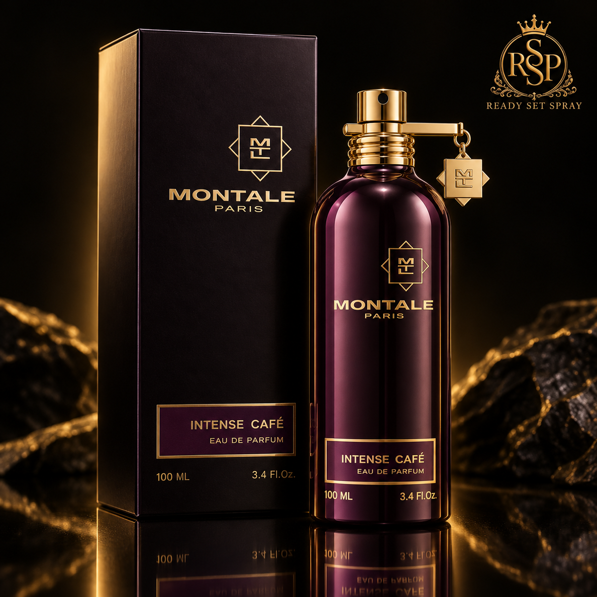 Montale Intense Café bottle and box on black RSP background