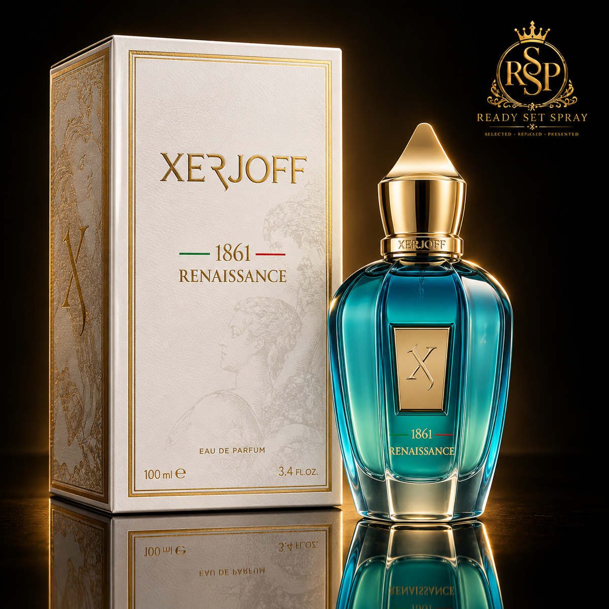 Xerjoff 1861 Renaissance bottle and box on black RSP background