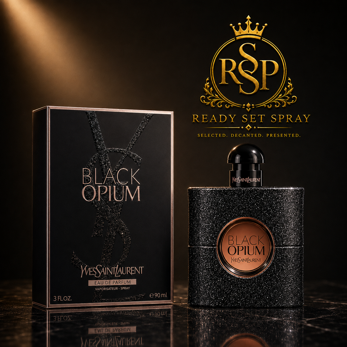 Yves Saint Laurent Black Opium bottle and box — Ready Set Spray