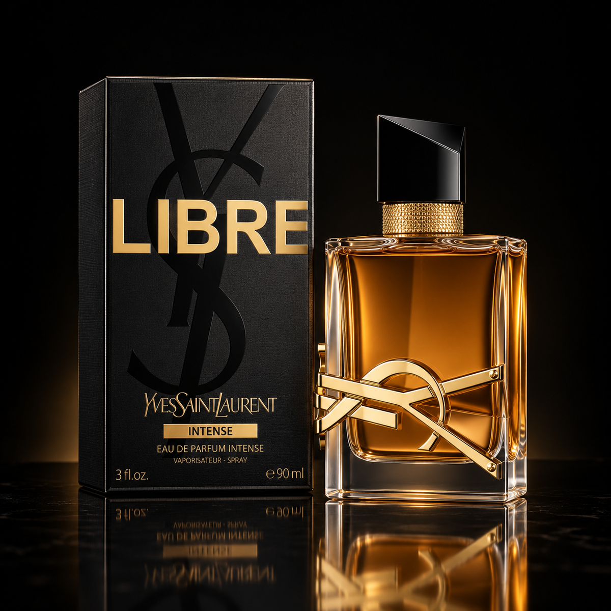 Yves Saint Laurent Libre Intense box and bottle on black background